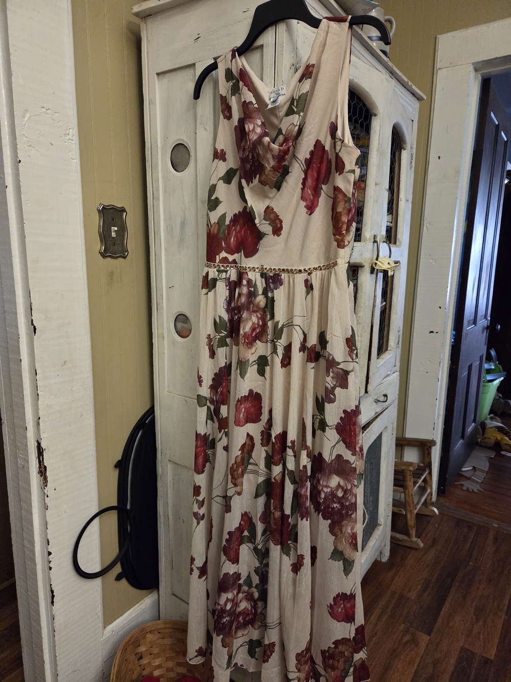 Elegant Cream Floral Maxi Dress with Draped Neckline